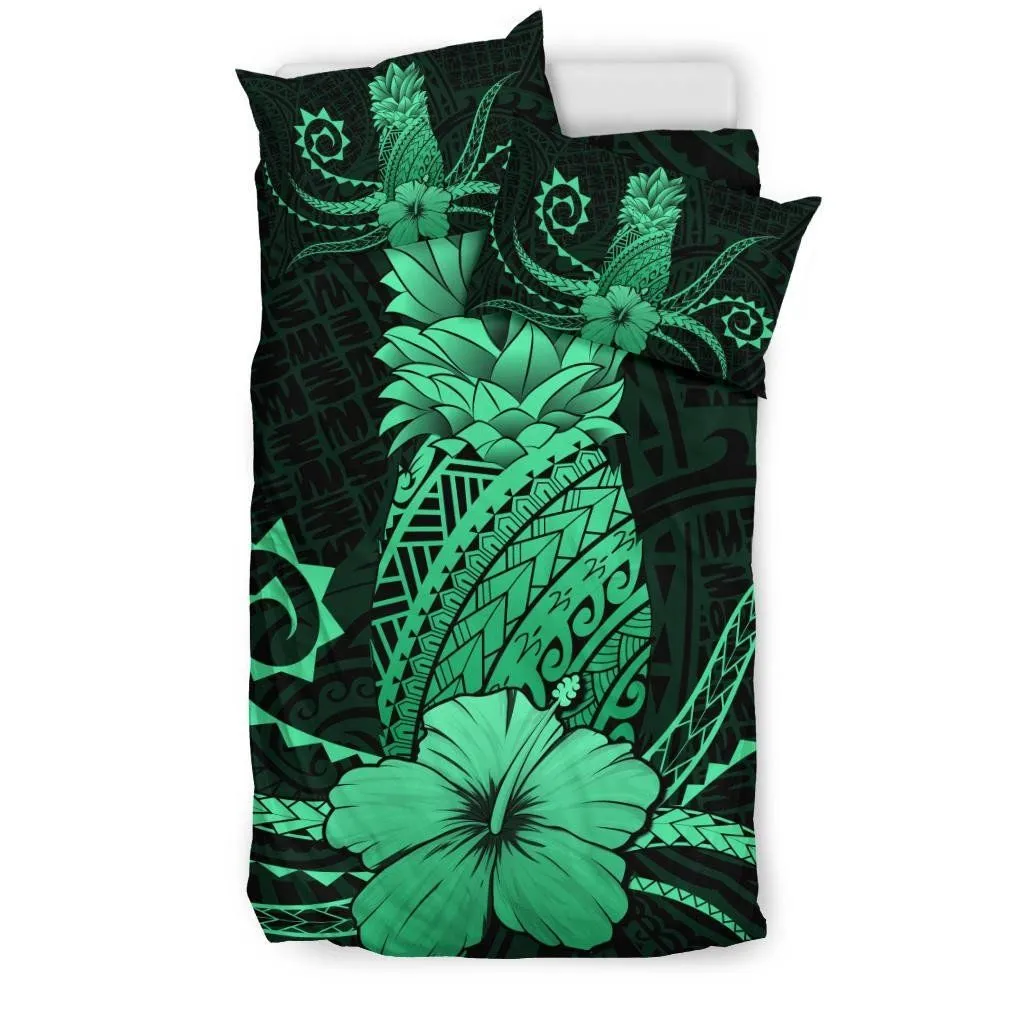 Hawaii Polynesian Pineapple Hibiscus Bedding Set - Zela Style Green - AH - J4