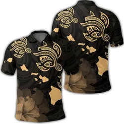 Hawaii Turtle Hibiscus Map Polynesian Polo Shirt Gold - AH