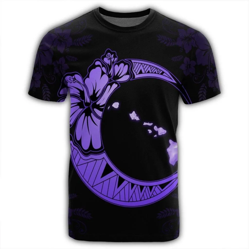 Hawaiian Map Hibiscus Turtle Polynesian Moon T-Shirt Purple - AH