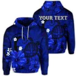(Personalised) Hawaiian Map Big Turtle Hibiscus Plumeria Tribal Polynesian Hoodie - Blue