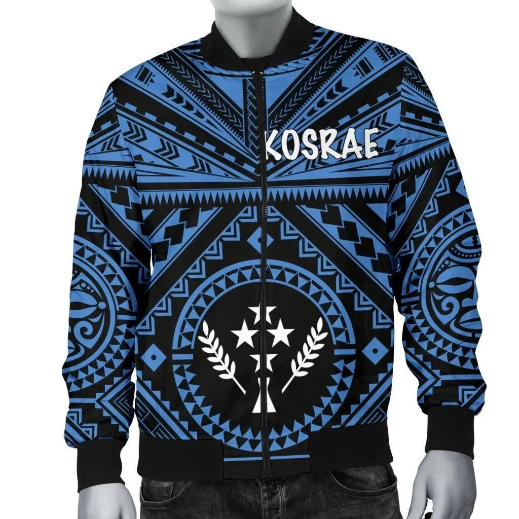 Kosrae Mens Bomber Jacket - Kosrae Flag In Polynesian Tattoo Style (Blue)