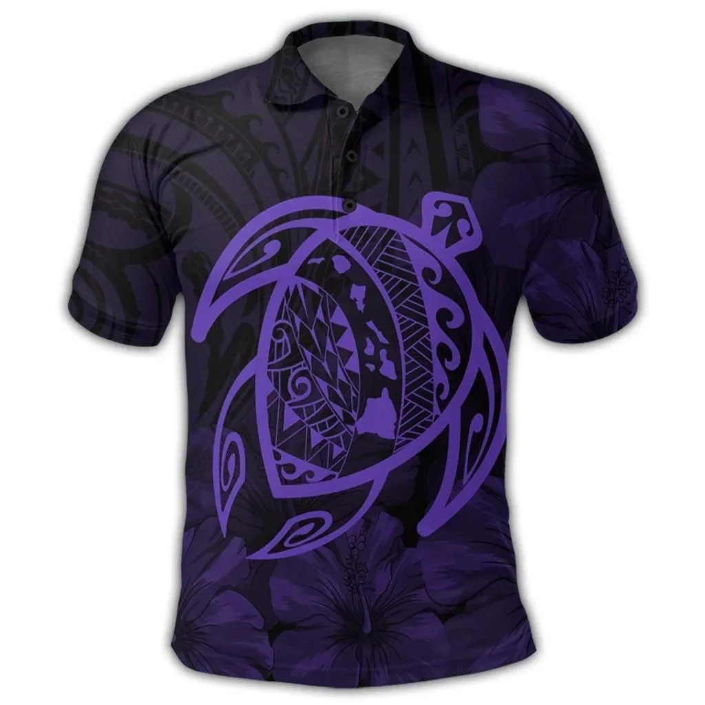 Alohawaii Shirt - Hawaiian Map Turtle Kanaka Hibiscus Polynesian Polo Shirt - Purple - AH - J4R