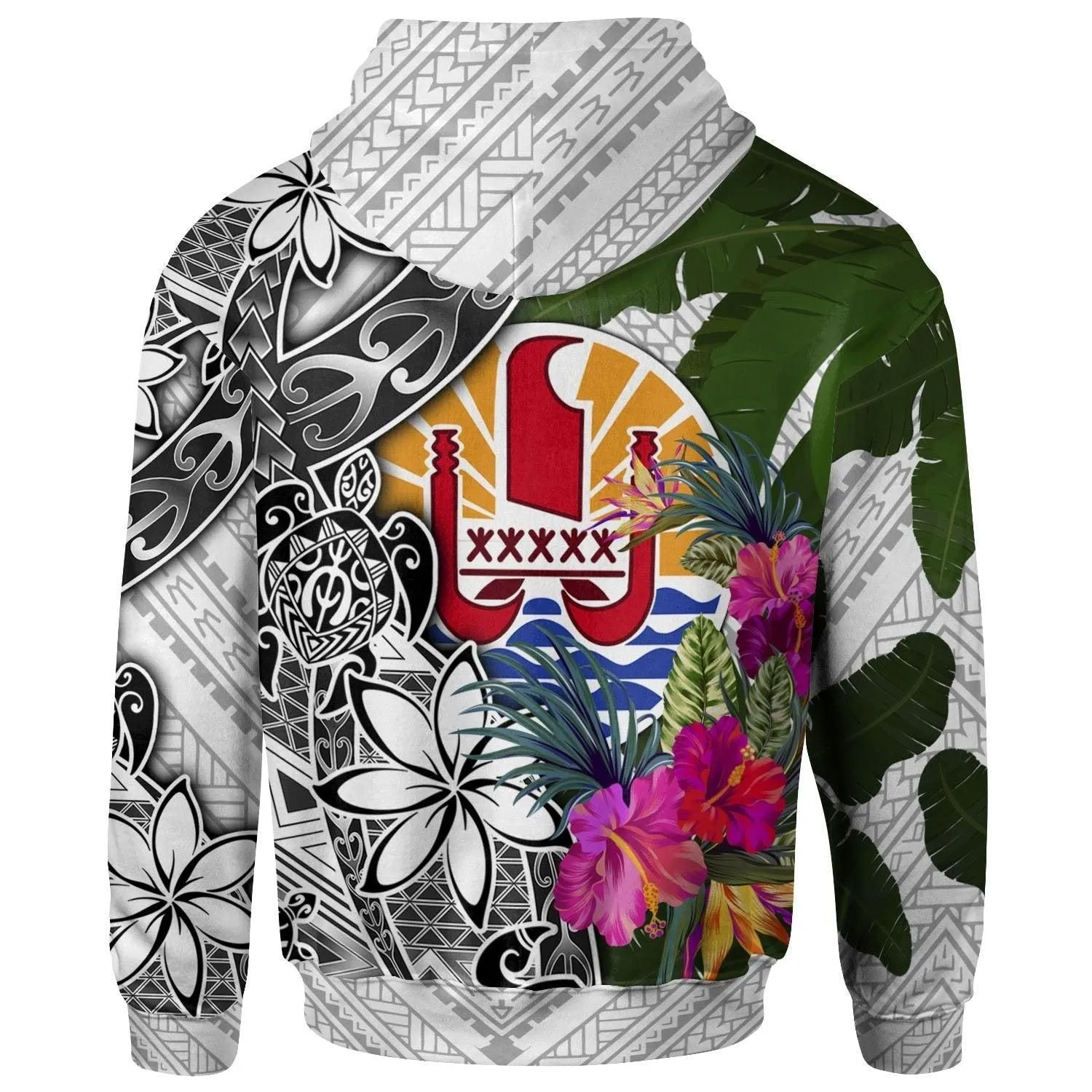 Tahiti Hoodie White - Turtle Plumeria Banana Leaf