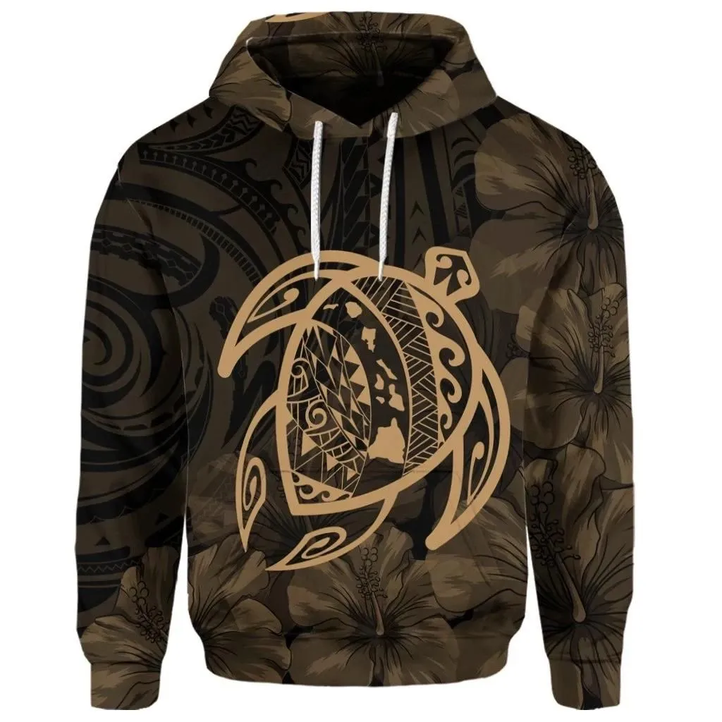Alohawaii Hoodie - (Personalised) Hawaiian Map Turtle Kanaka Hibiscus Polynesian Hoodie - Gold - AH - J4R