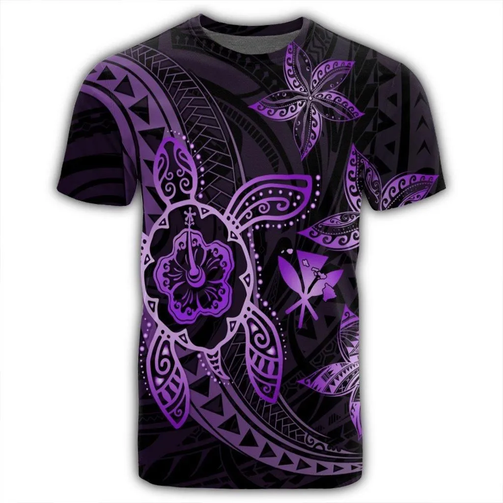 Kanaka Map Hibiscus Plumeria Turtle Art Violet Polynesian T-Shirt - AH