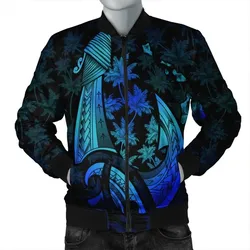 FamilyGater Jacket - Hawaiian Map Palm Trees Fish Hook Polynesian Quilt Bomber Jacket Colorful Blue - AH - J5R