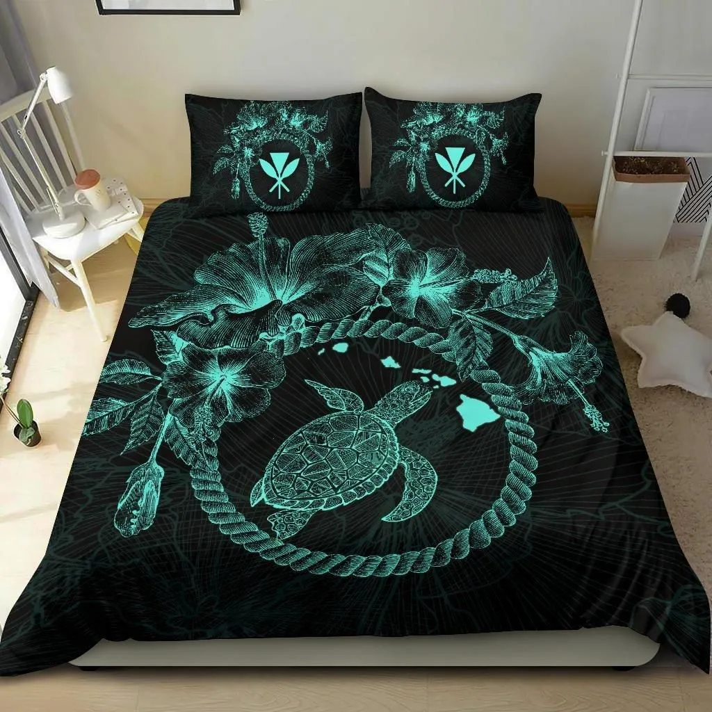 Alohawaii Bedding Set - Cover and Pillow Cases Polynesian Hawaii - Blue Turtle Hibiscus Flower Frame Vintage - BN12