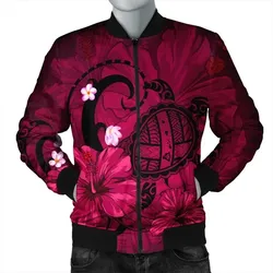 FamilyGater Jacket - Hawaiian Map Big Turtle Hibiscus Plumeria Tribal Polynesian Bomber Jacket - Pink - AH - J6R