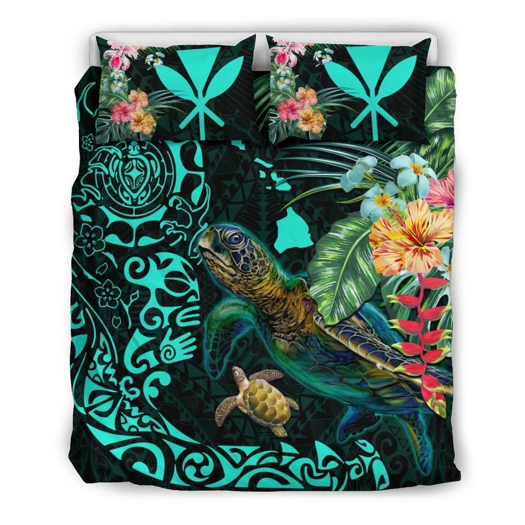 Hawaii Tiki Polynesian Bedding Set - Turtle Mix Hibiscus Turquoise