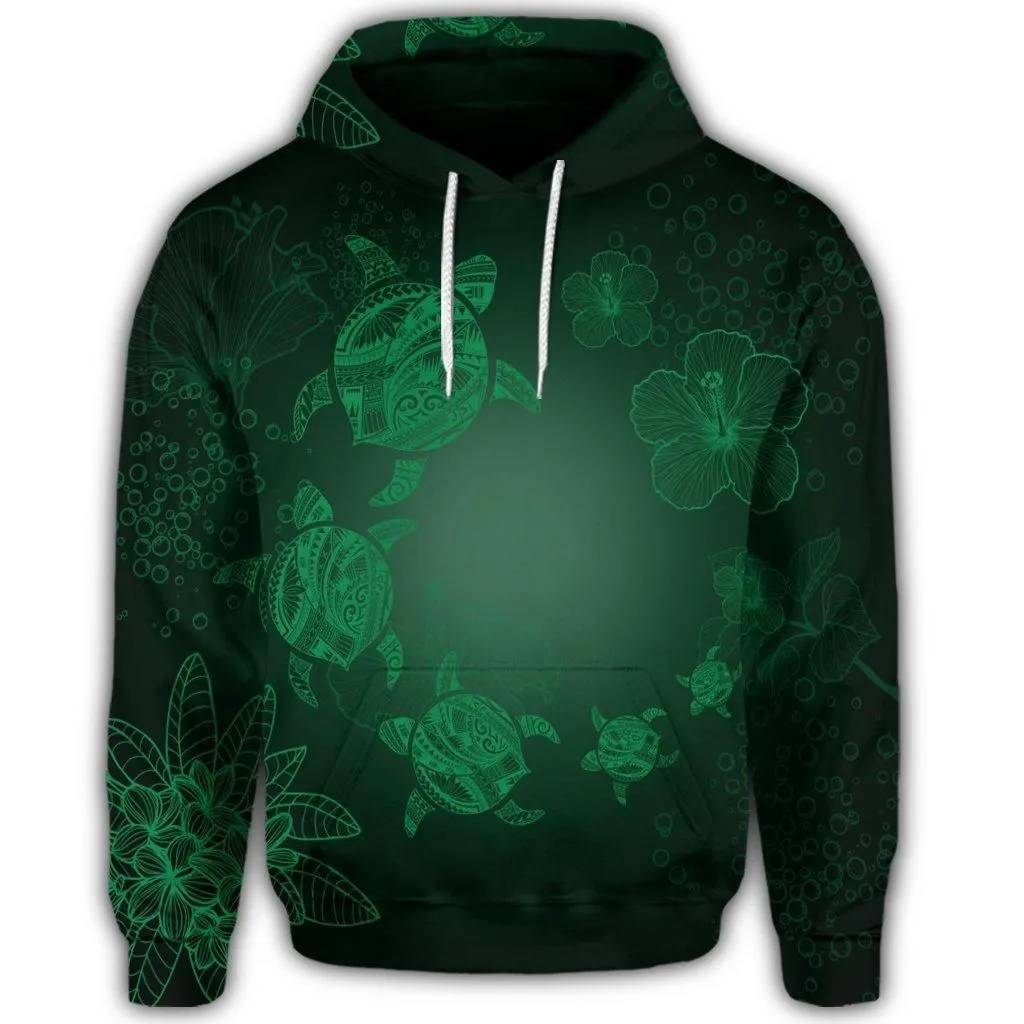 Hawaiian Plumeria Hibiscus Turtle Under Sea Polynesian Hoodie Green AH