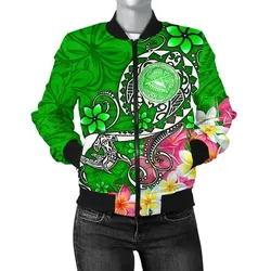American Samoa Polynesian Women's Bomber Jacket - Turtle Plumeria (Green) - BN18