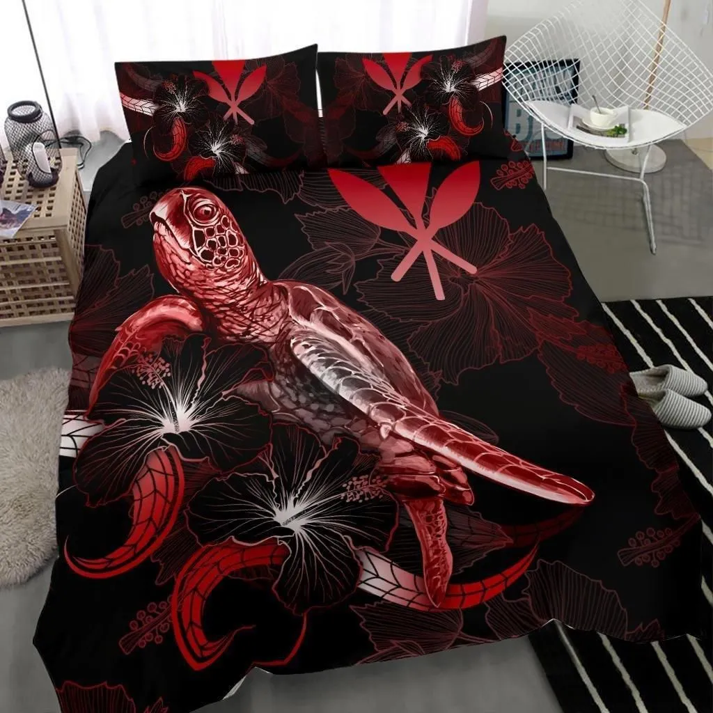 Alohawaii Bedding Set - Cover and Pillow Cases Hawaii Polynesian - Turtle With Blooming Hibiscus Red - BN22