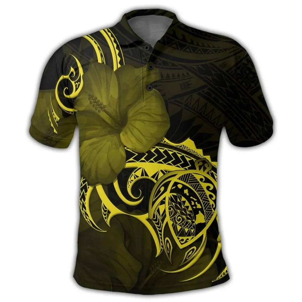 Alohawaii Shirt - Hawaii Map Turtle Hibiscus Divise Polynesian Polo Shirt Yellow - AH - JR