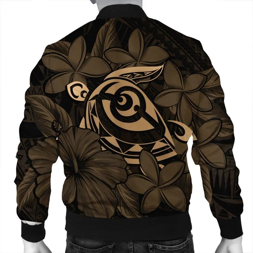 Hawaiian Turtle Hibiscus Plumeria Kanaka Polynesian Bomber Jacket Gold - Soft Style