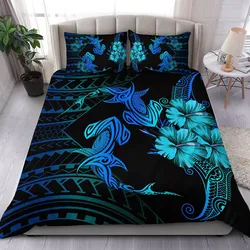 Hawaii Couple Shark Hibiscus Polynesian Bedding Set - Blue - Mina Style - AH