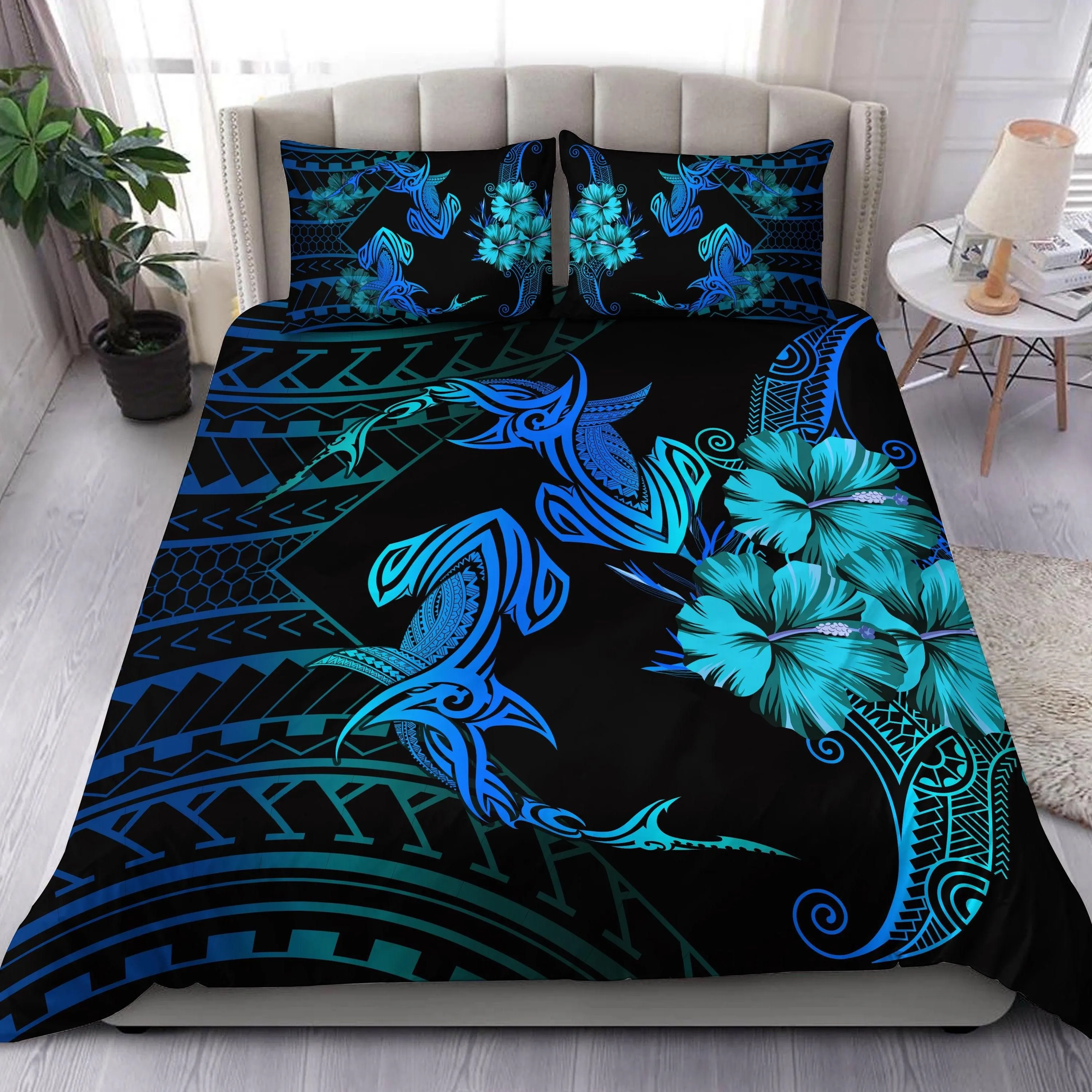 Hawaii Couple Shark Hibiscus Polynesian Bedding Set - Blue - Mina Style - AH