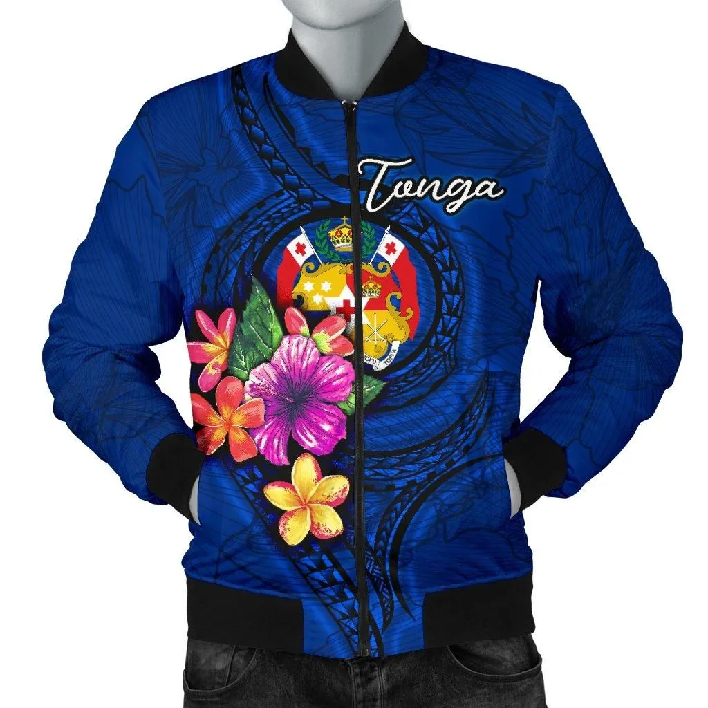 Tonga Polynesian Mens Bomber Jacket - Floral With Seal Blue