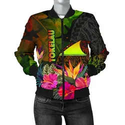 Tokelau Polynesian Women's Bomber Jacket - Hibiscus and Banana Leaves - BN15