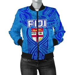 Blue Women Bomber Jacket Fiji Rugby Polynesian Waves Style