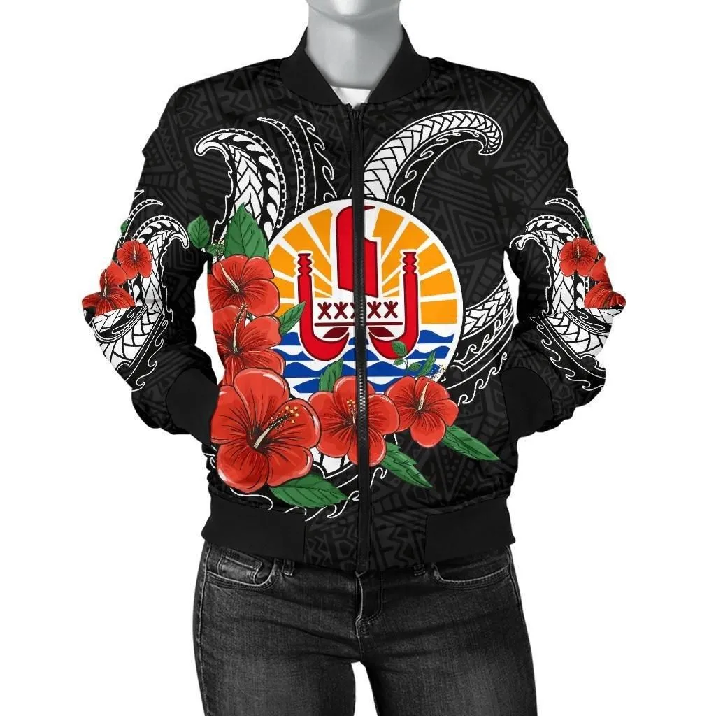Alohawaii Jacket - Bomber Jacket Tahiti Polynesian Hibiscus Coat of Arm Black - BN11