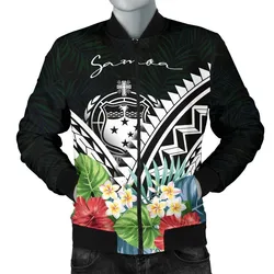Samoa Mens Bomber Jacket - Samoa Caledonia Coat of Arms and Polynesian Tropical Flowers White