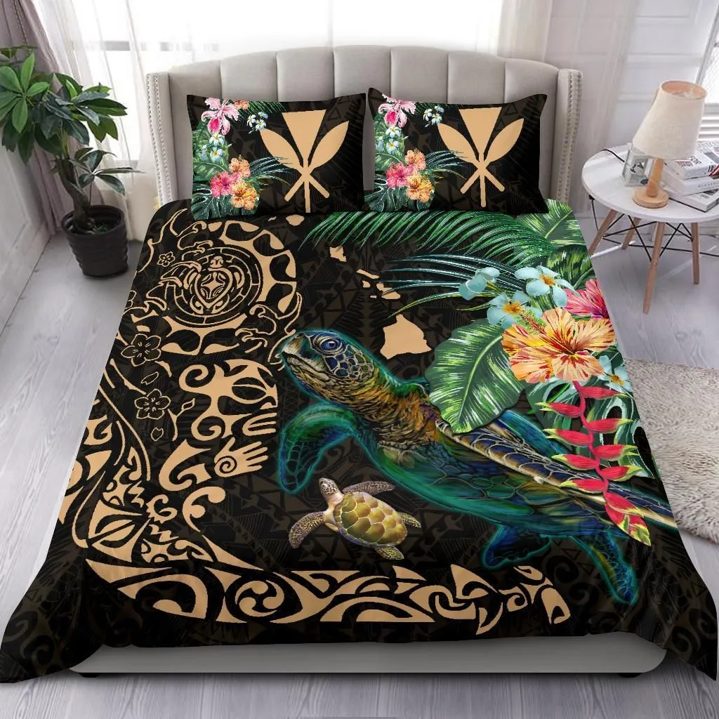 Hawaii Tiki Polynesian Bedding Set - Turtle Mix Hibiscus Gold K4