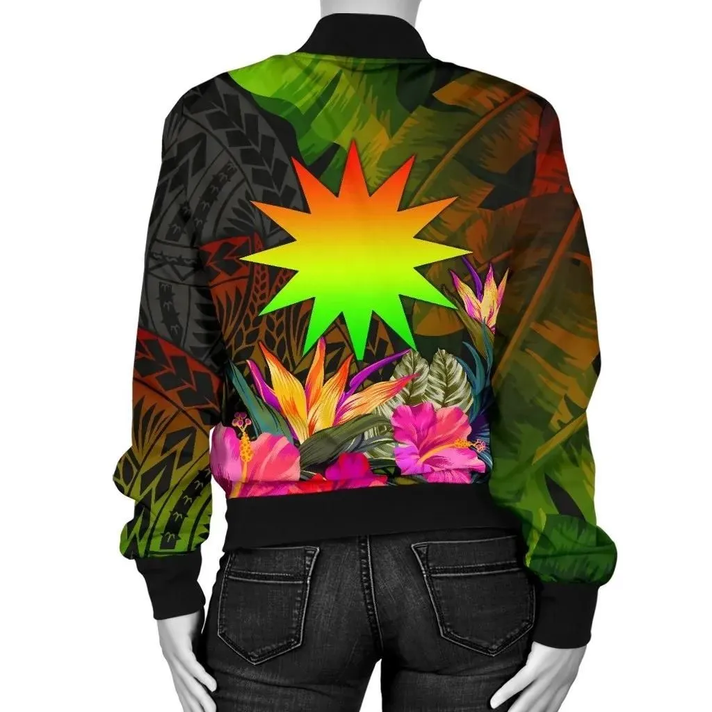 Nauru Polynesian Personalised Women's Bomber Jacket -  Hibiscus and Banana Leaves - BN15