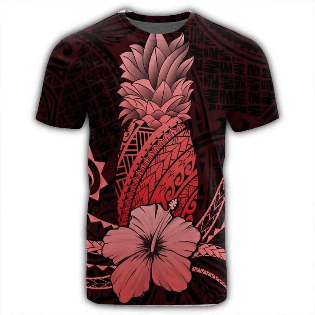Hawaii Polynesian Pineapple Hibiscus T-Shirt - Red - AH