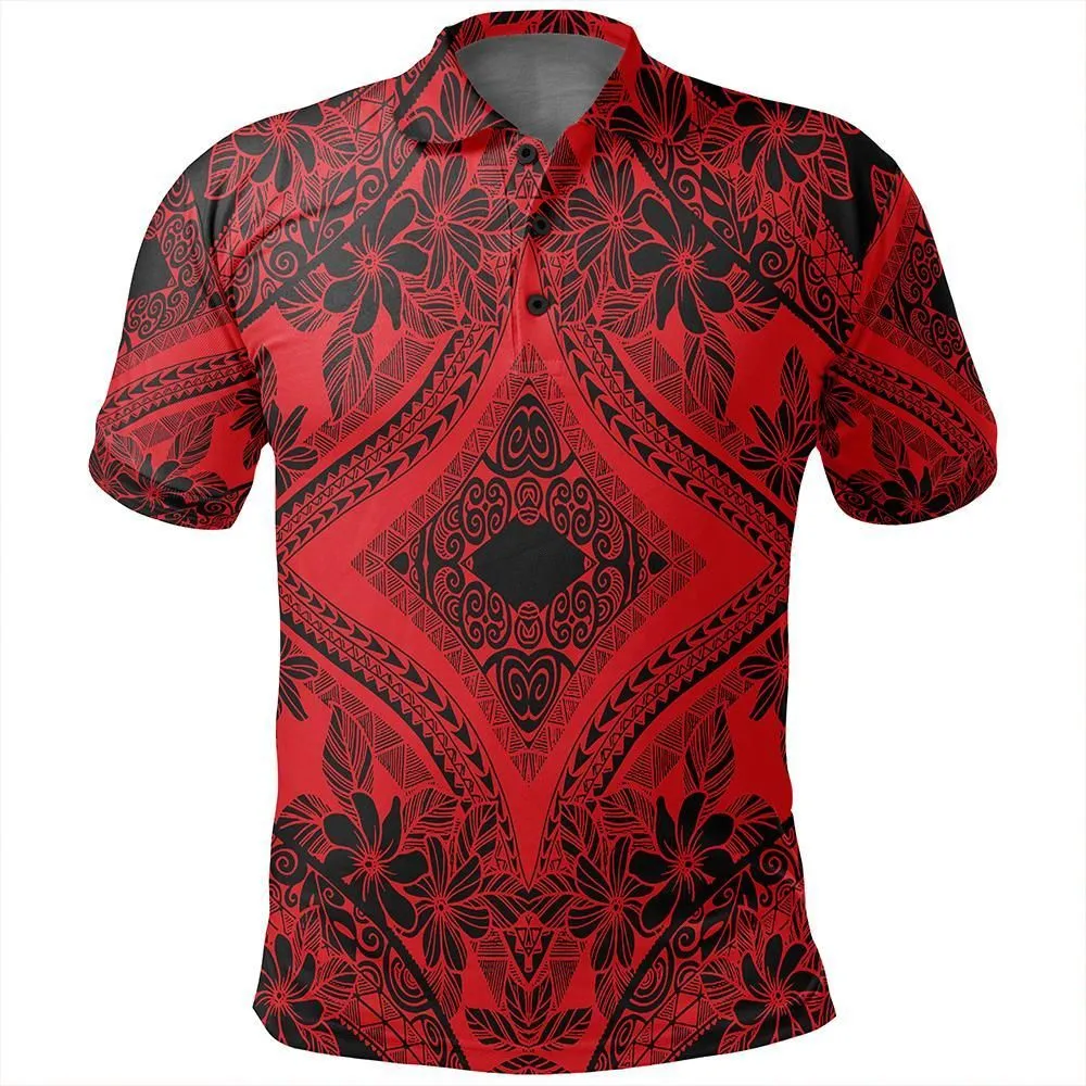 Unisex Polynesian Plumeria Mix Red Black Polo Shirt - AH