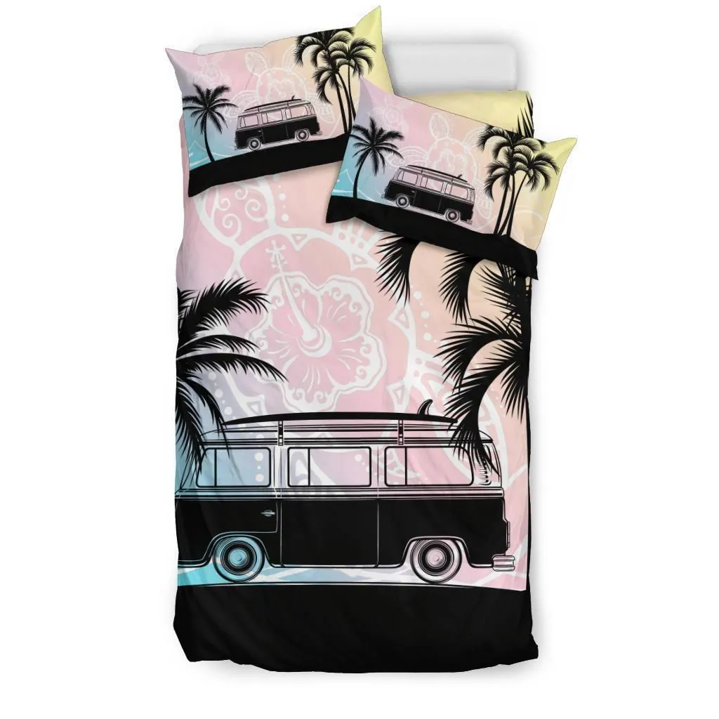 Hawaiian Bus Palm Tree Summer Hibiscus Turtle Background Polynesian Bedding Set