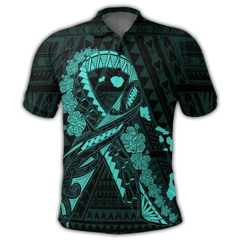 Alohawaii Shirt - Hawaiian Map Heart Ribbon Cancer Hibiscus Turquoise Polynesian Polo Shirt - AH - J4R