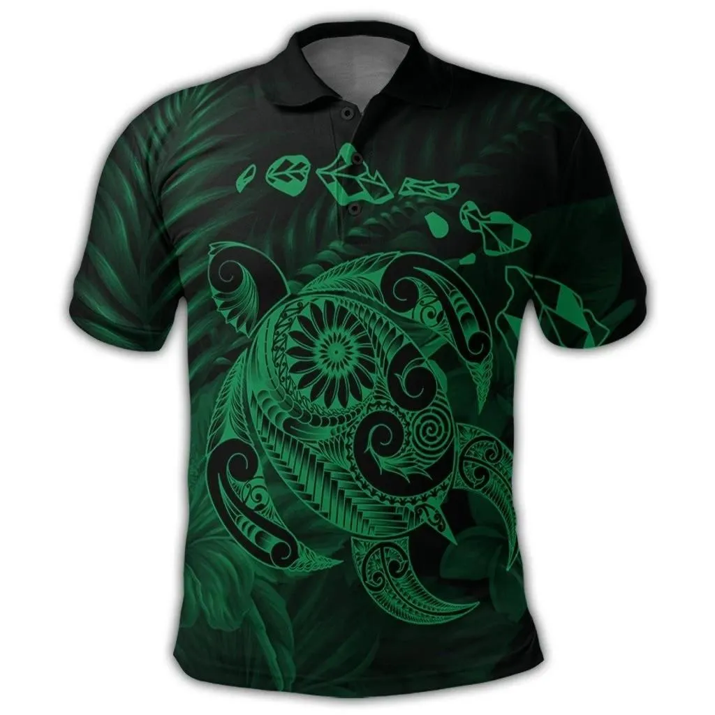 Alohawaii Shirt - Hawaiian Map Turtle Tattoo Hibiscus Plumeria Polynesian Polo Shirt - Green - AH - J4R