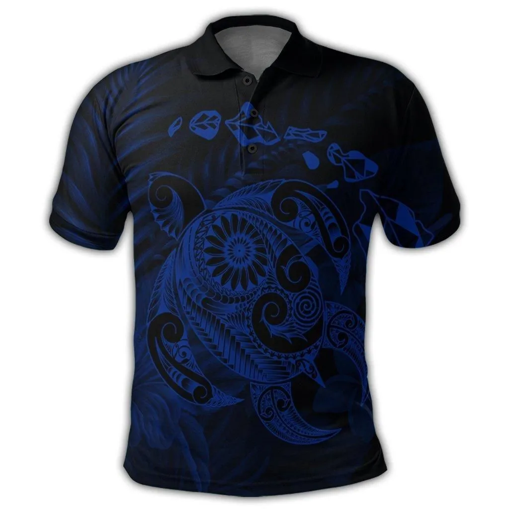 Hawaiian Map Turtle Tattoo Hibiscus Plumeria Polynesian Polo Shirt - Blue