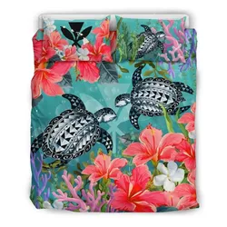 Kanaka Maoli (Hawaiian) Bedding Set - Polynesian Turtle Hibiscus And Seaweed A24