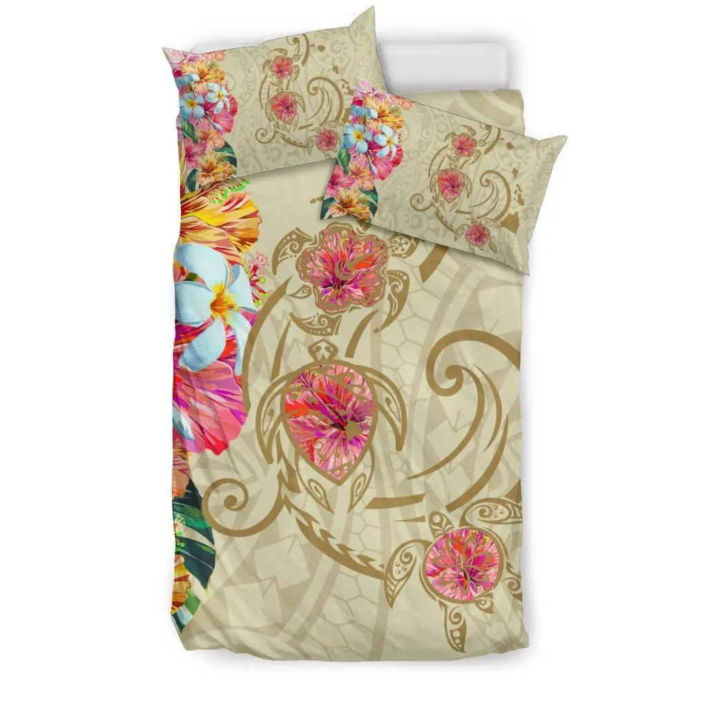 FamilyGater Bedding Set - Cover and Pillow Cases Hawaii Triple Marble Turtle Polynesian Hibiscus - AH - Benjamin Style - Beige - J5