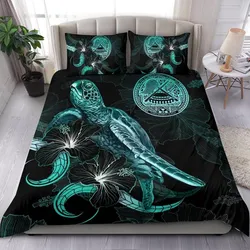American Samoa Polynesian Bedding Set - Turtle With Blooming Hibiscus Turquoise