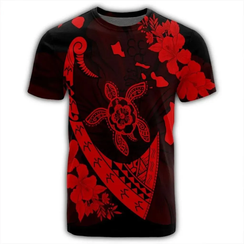 Alohawaii Tee - Hawaiian Map Hibiscus Turtle Fish Hook Polynesian T-Shirt Red - AH - J5R