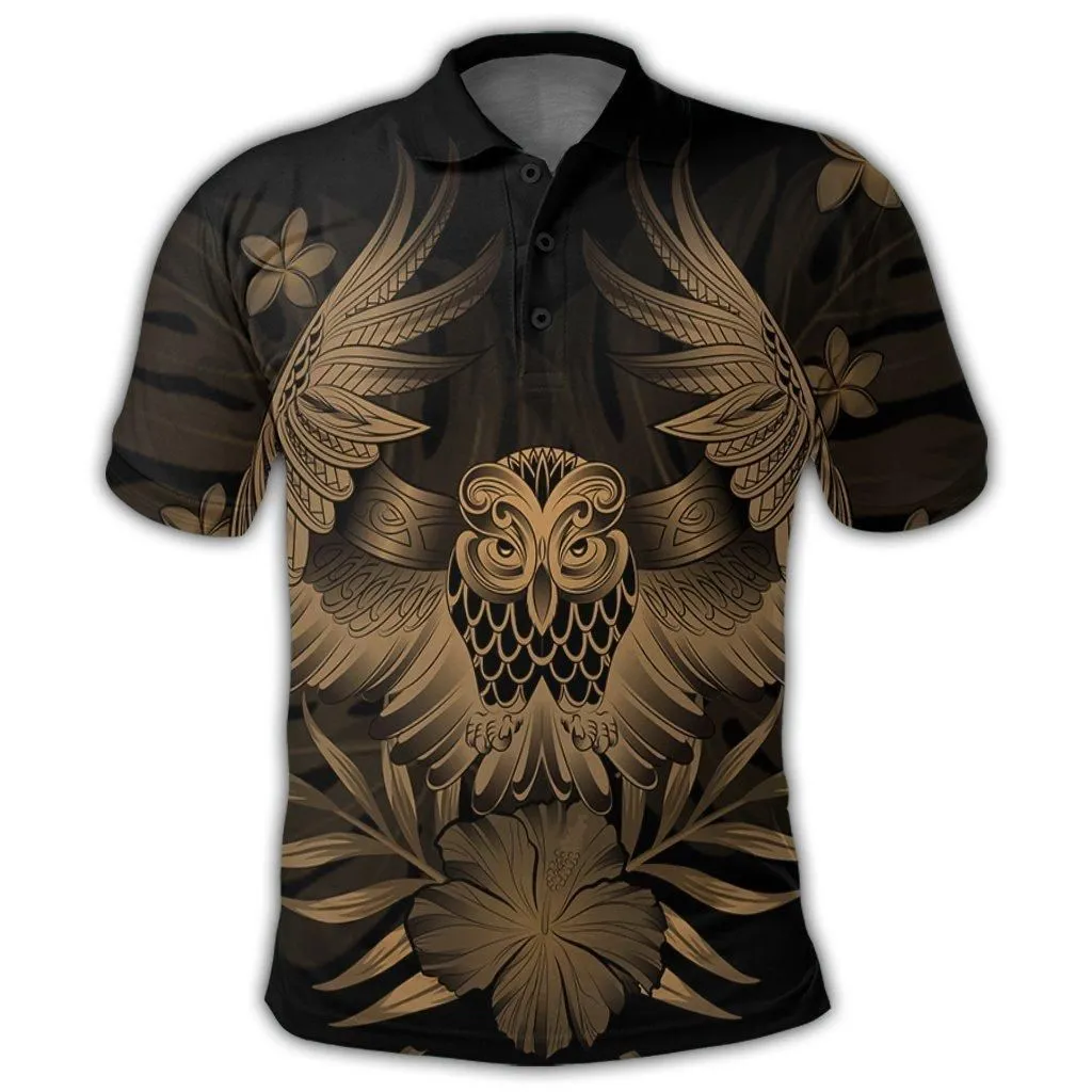 Hawaiian Owl Hibiscus Plumeria Polynesian Polo Shirt - Gold