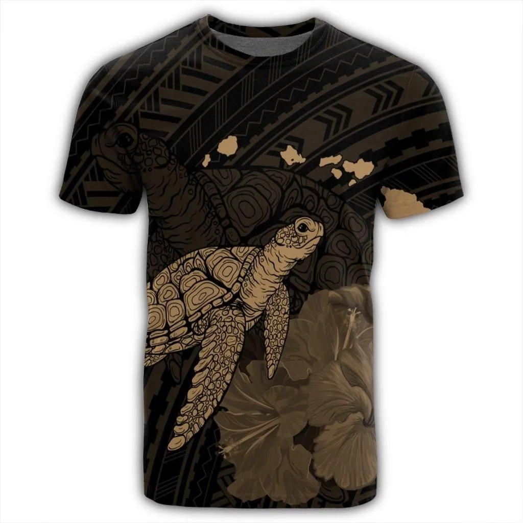 Hawaii Polynesian Hibiscus Turtle Map T-Shirt Gold - AH