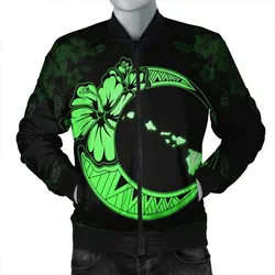 Hawaiian Map Hibiscus Turtle Polynesian Moon Bomber Jacket Green - AH