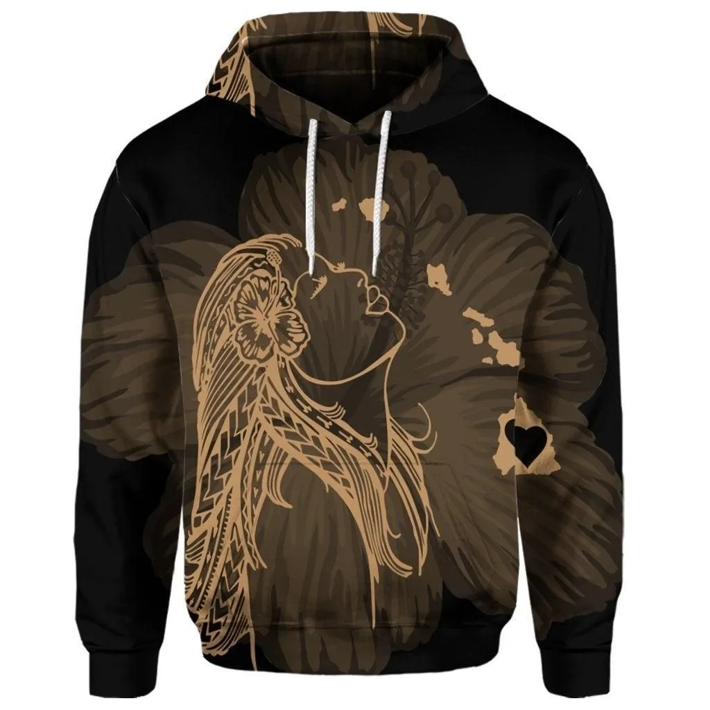 (Personalised) Hawaiian Map Heart Hula Girl Hibiscus Gold Polynesian Hoodie