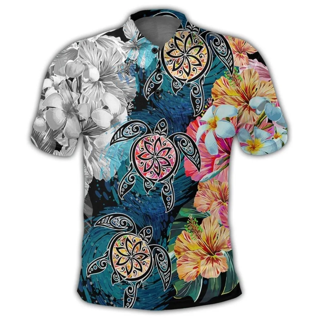 Hawaiian Turtle Swimming Wave Plumeria Hibiscus Polynesian Polo Shirt - Garden Style