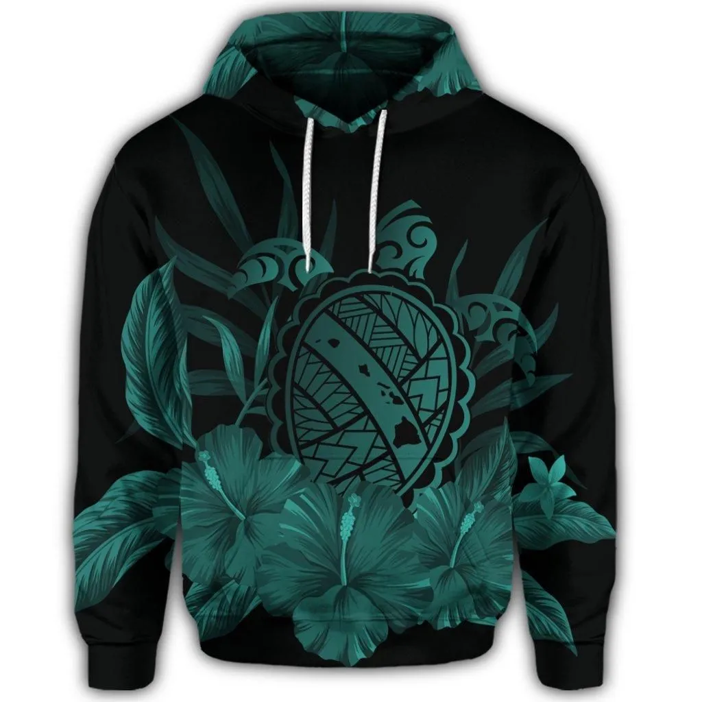 Hawaiian Map Turtle Hibiscus Polynesian Hoodie - Turquoise