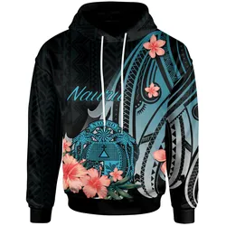 Nauru Hoodie - Turquoise Polynesian Hibiscus Pattern Style
