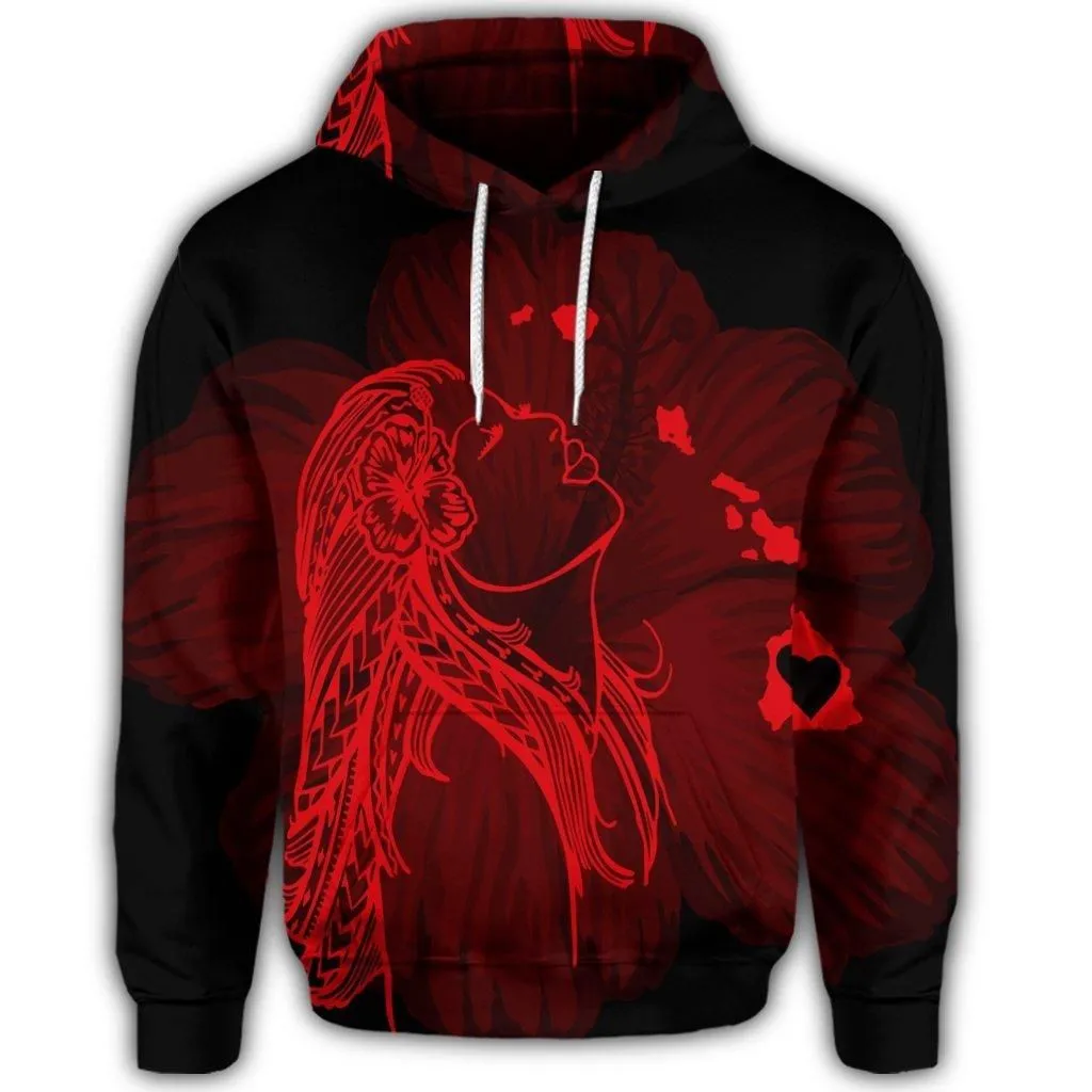 Hawaiian Map Heart Hula Girl Hibiscus Red Polynesian Hoodie