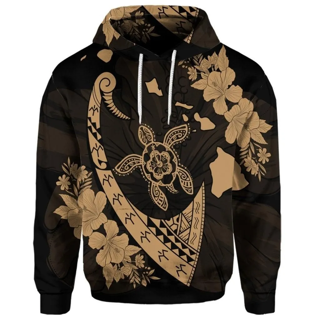 (Personalised) Hawaiian Map Hibiscus Turtle Fish Hook Polynesian Hoodie Gold