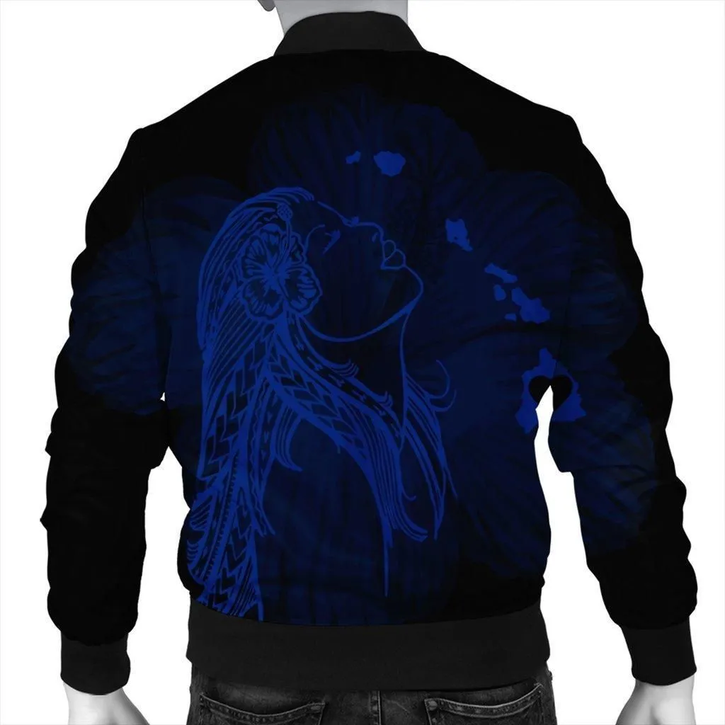 Hawaiian Map Heart Hula Girl Hibiscus Blue Polynesian Bomber Jacket