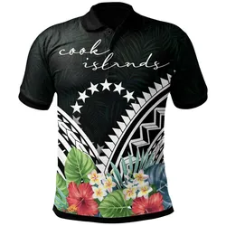 Alohawaii Shirt - Polo Shirt Cook Islands - Cook Islands Coat of Arms & Polynesian Tropical Flowers White - BN22