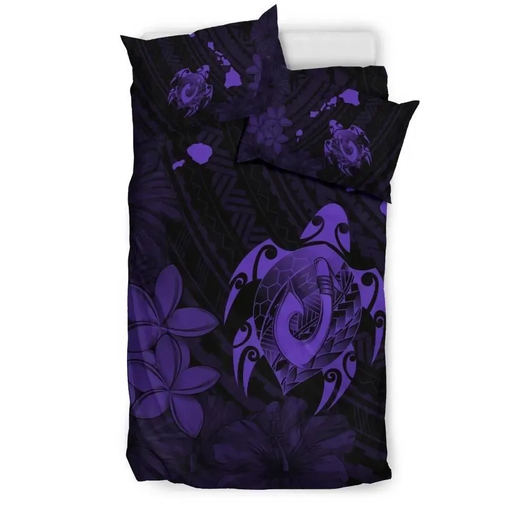 FamilyGater Bedding Set - Cover and Pillow Cases Hawaiian Map Turtle Plumeria Hibiscus Fish Hook Polynesian Purple - AH - J5