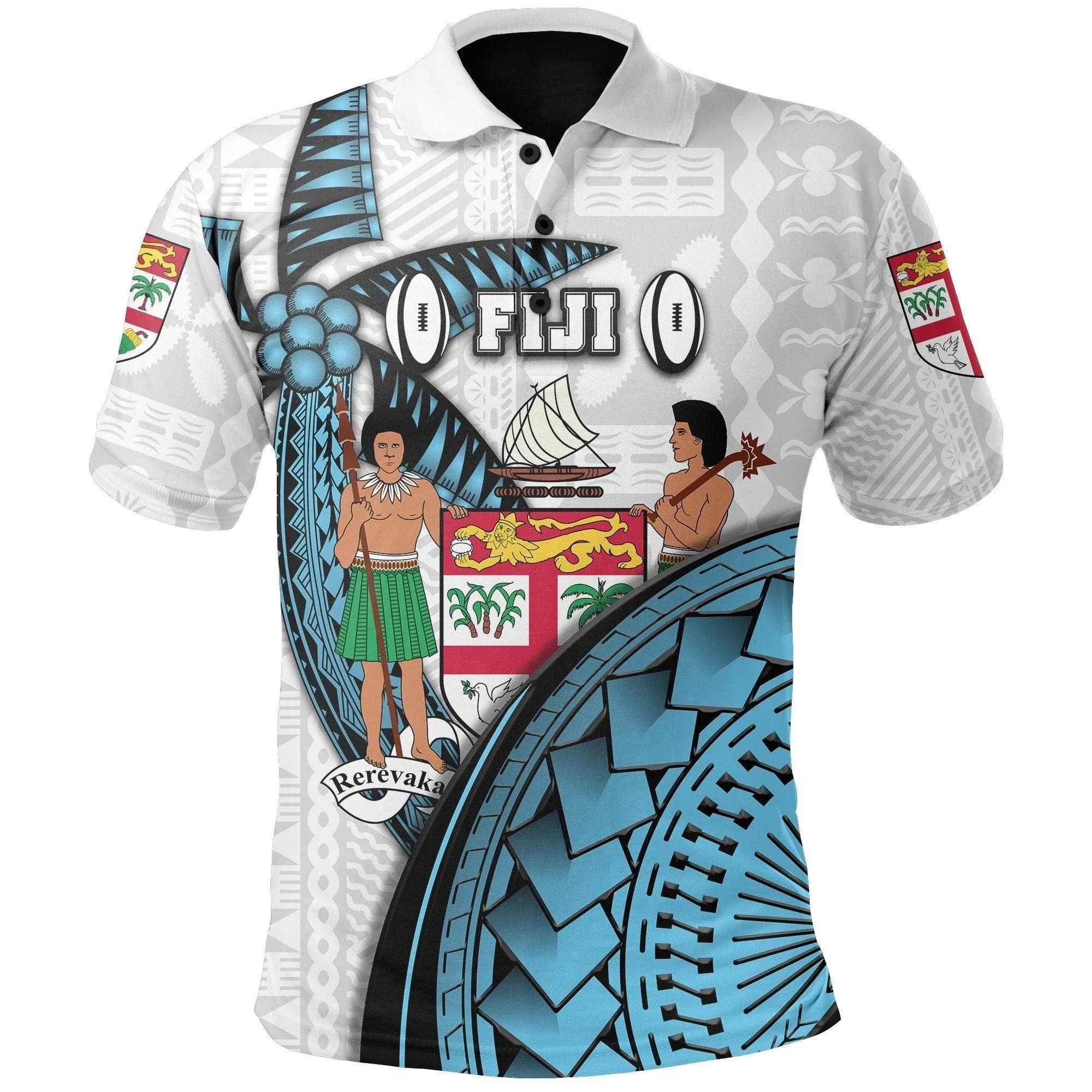 (Custom Personalised) Fiji Tapa Rugby Polo Shirt Armor Style - White